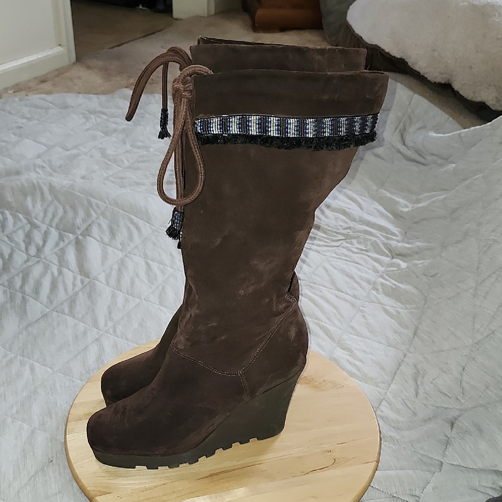 Diane Von Furstenberg Dark Brown Suede Wedge Boots Knee High Womens 10